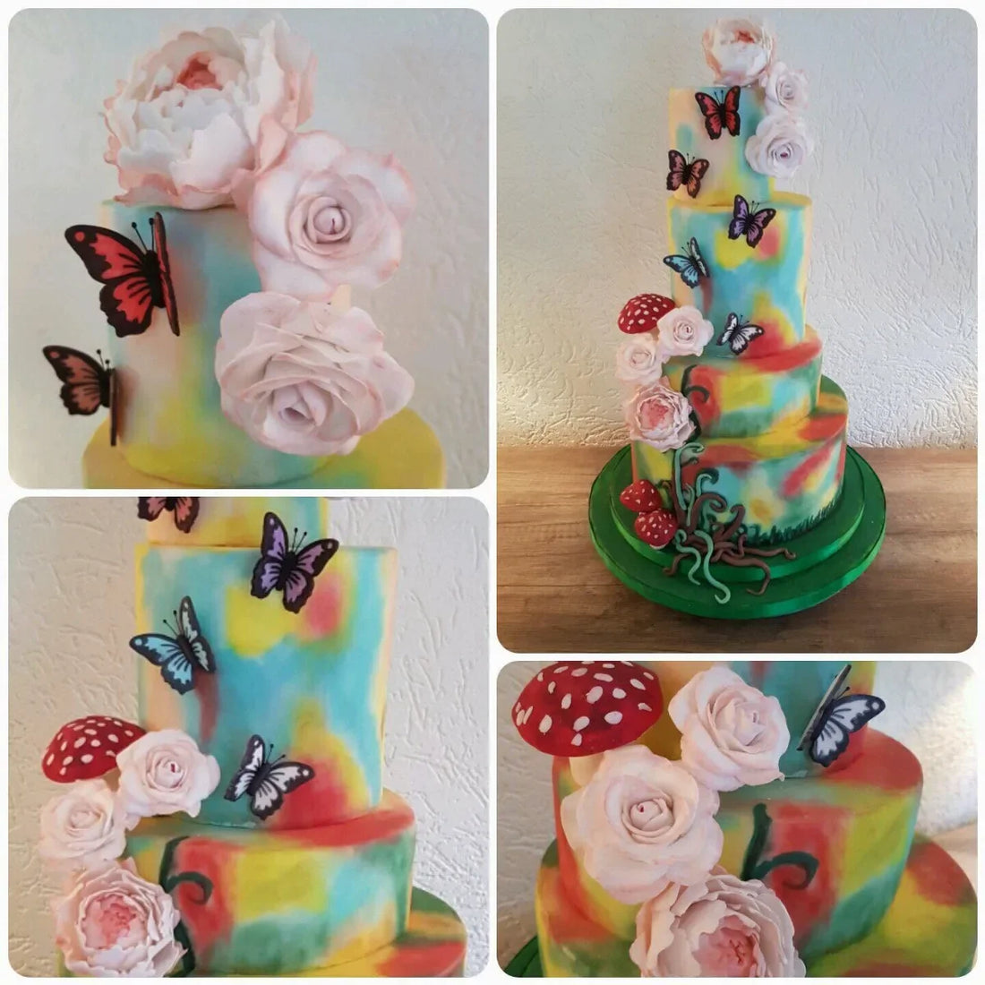 Kleurrijke taart met eetbare vlinders, rozen en pioenrozen — gemaakt door Jolienstaartfeest